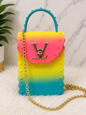 Rainbow Gradient Jelly Phone Crossbody Bag Gold Chain Purse